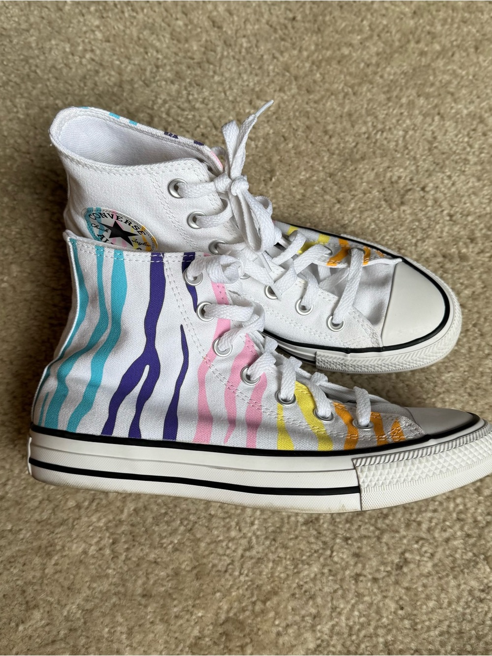 Converse White High Top Sneakers with Teal, Purple, Pink & Yellow Stripes